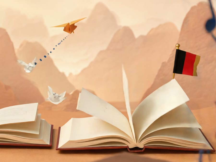 Een Duitse vlag boven een stapel boeken